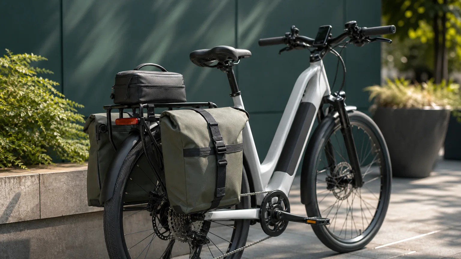 Bicicleta elétrica genérica com alforges e saco traseiro