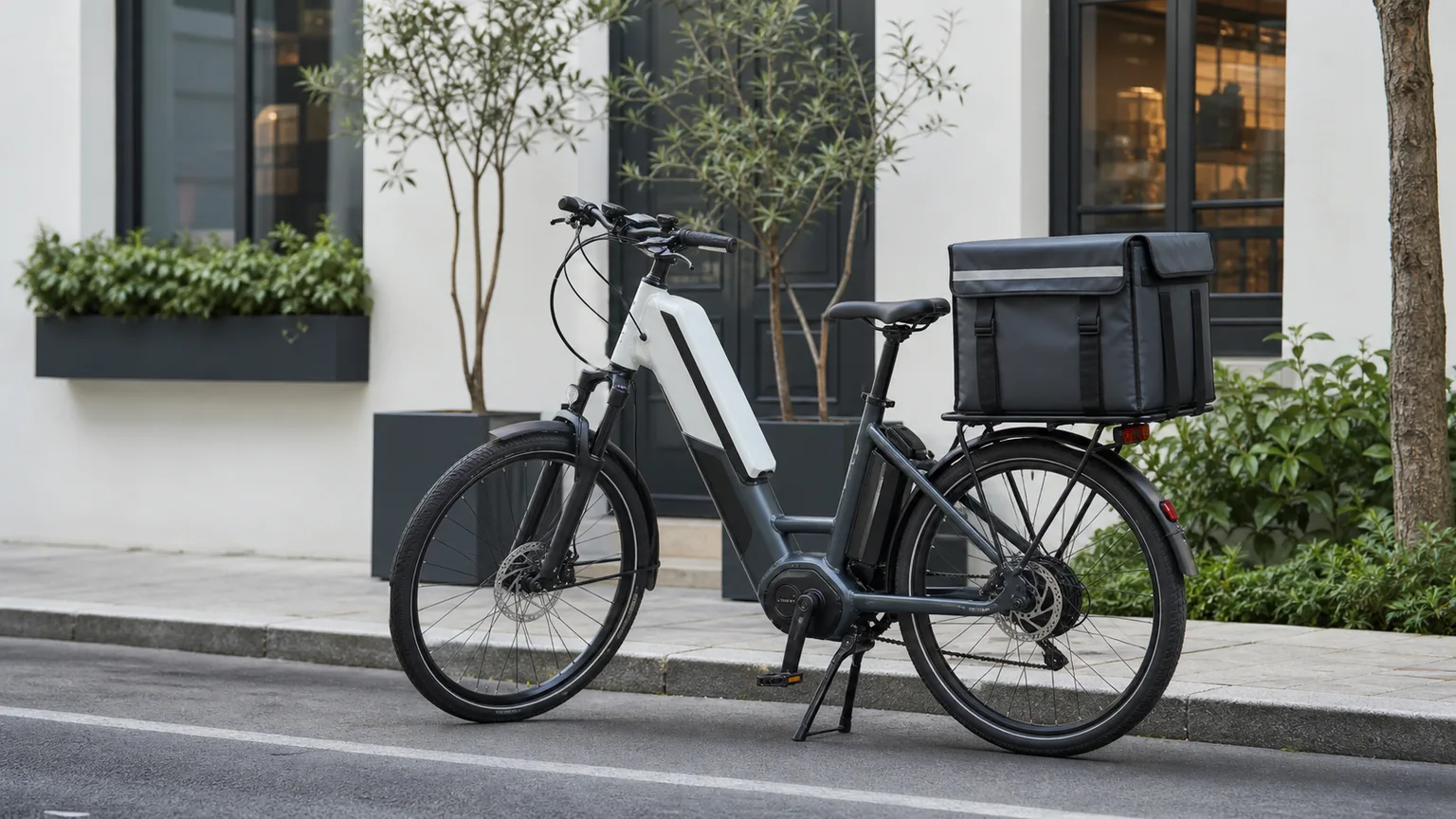 Bicicleta elétrica genérica com caixa de entrega neutra no porta-bagagens