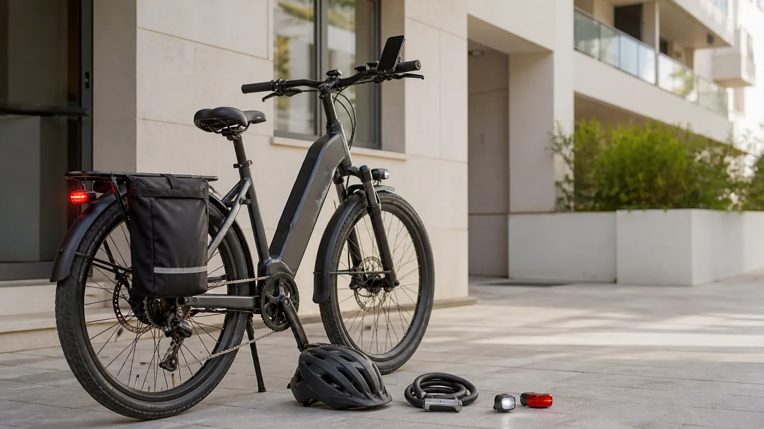 Bicicleta elétrica com acessórios de uso diário junto a um prédio