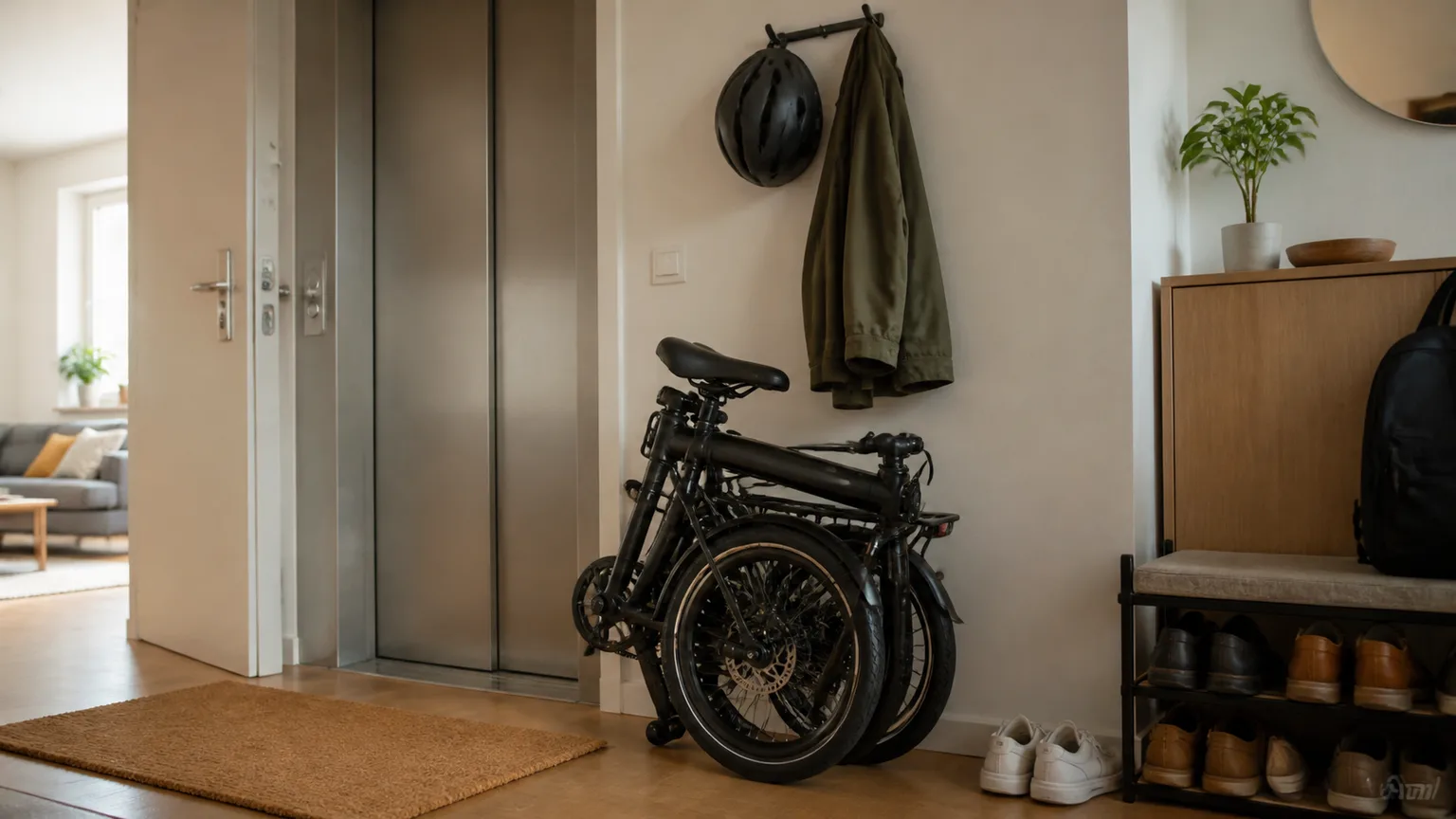 Bicicleta elétrica dobrável arrumada junto à entrada de um apartamento