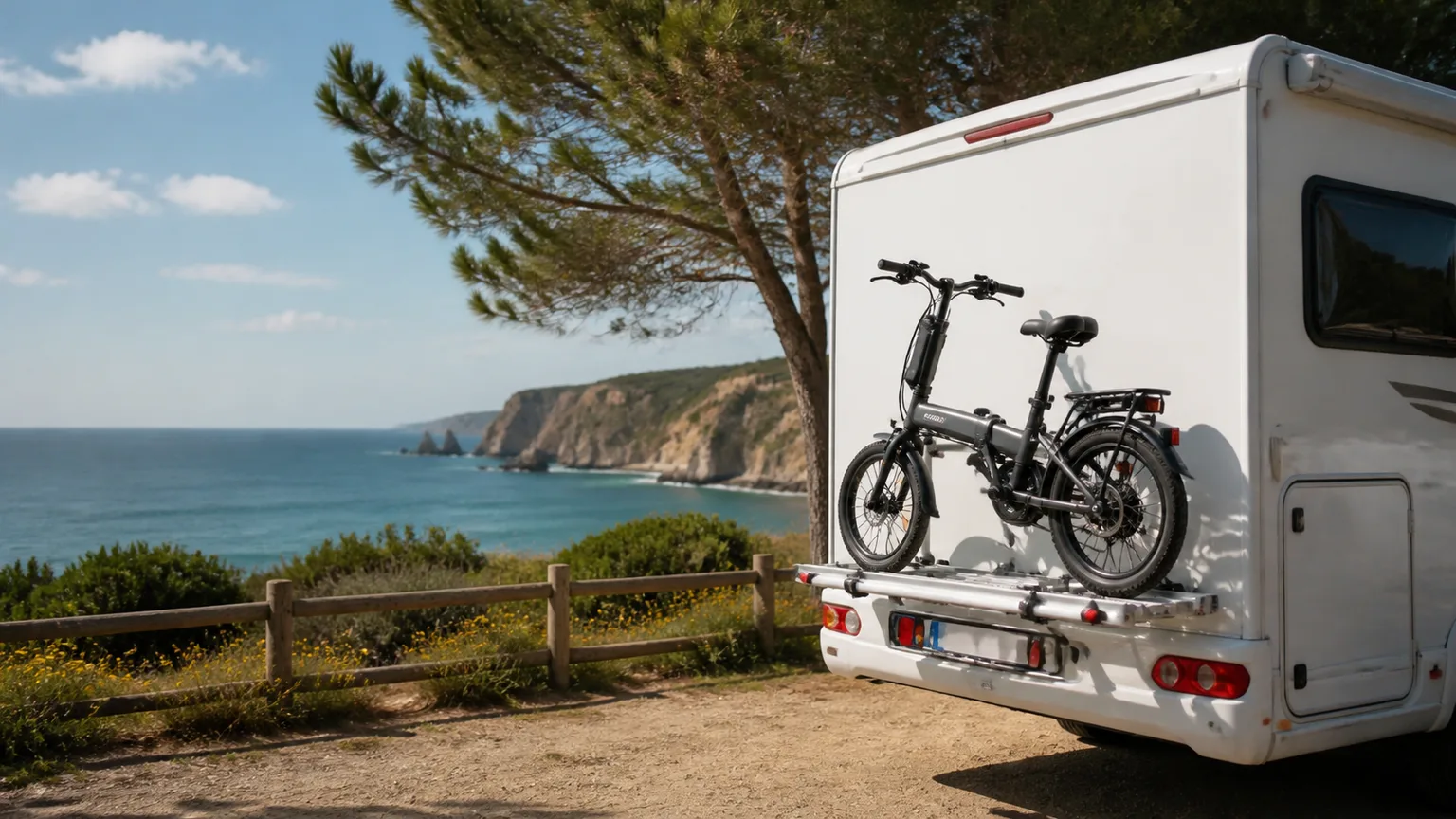 Bicicleta elétrica compacta transportada na traseira de uma autocaravana