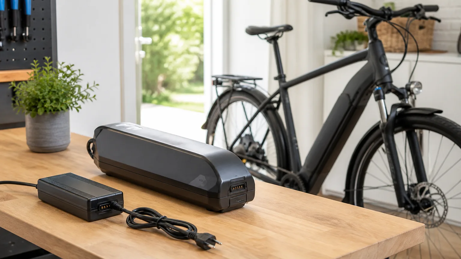 Bateria e carregador de bicicleta elétrica numa bancada