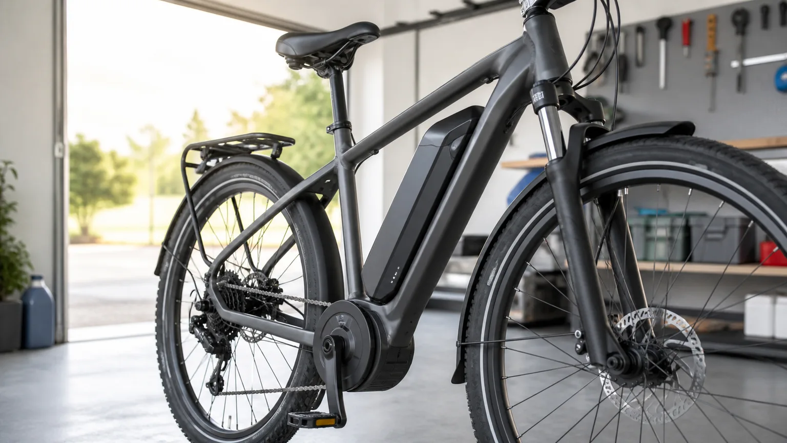 Bicicleta elétrica usada numa inspeção visual numa garagem