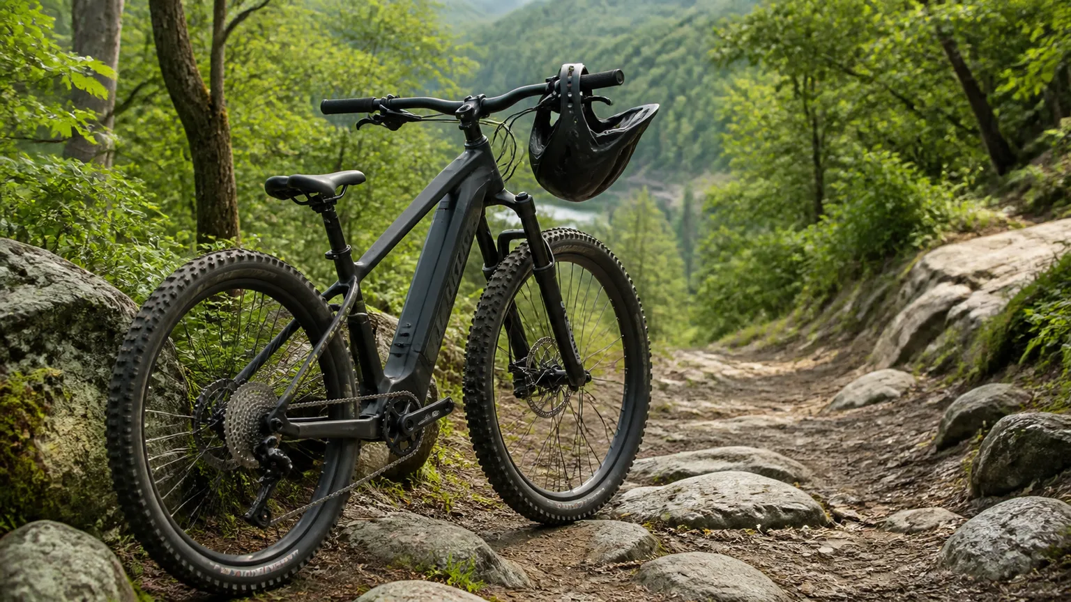 Bicicleta elétrica BTT num trilho florestal com pedras