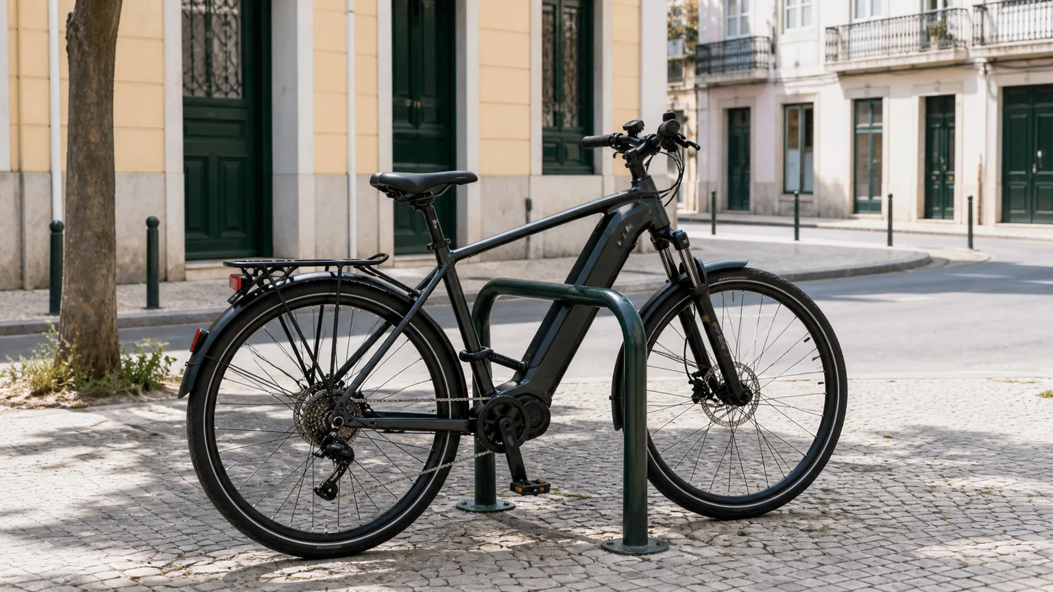 Bicicleta elétrica presa a um suporte com um cadeado em U