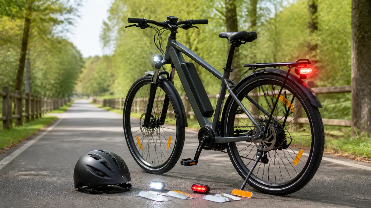 Bicicleta elétrica com capacete e elementos de visibilidade