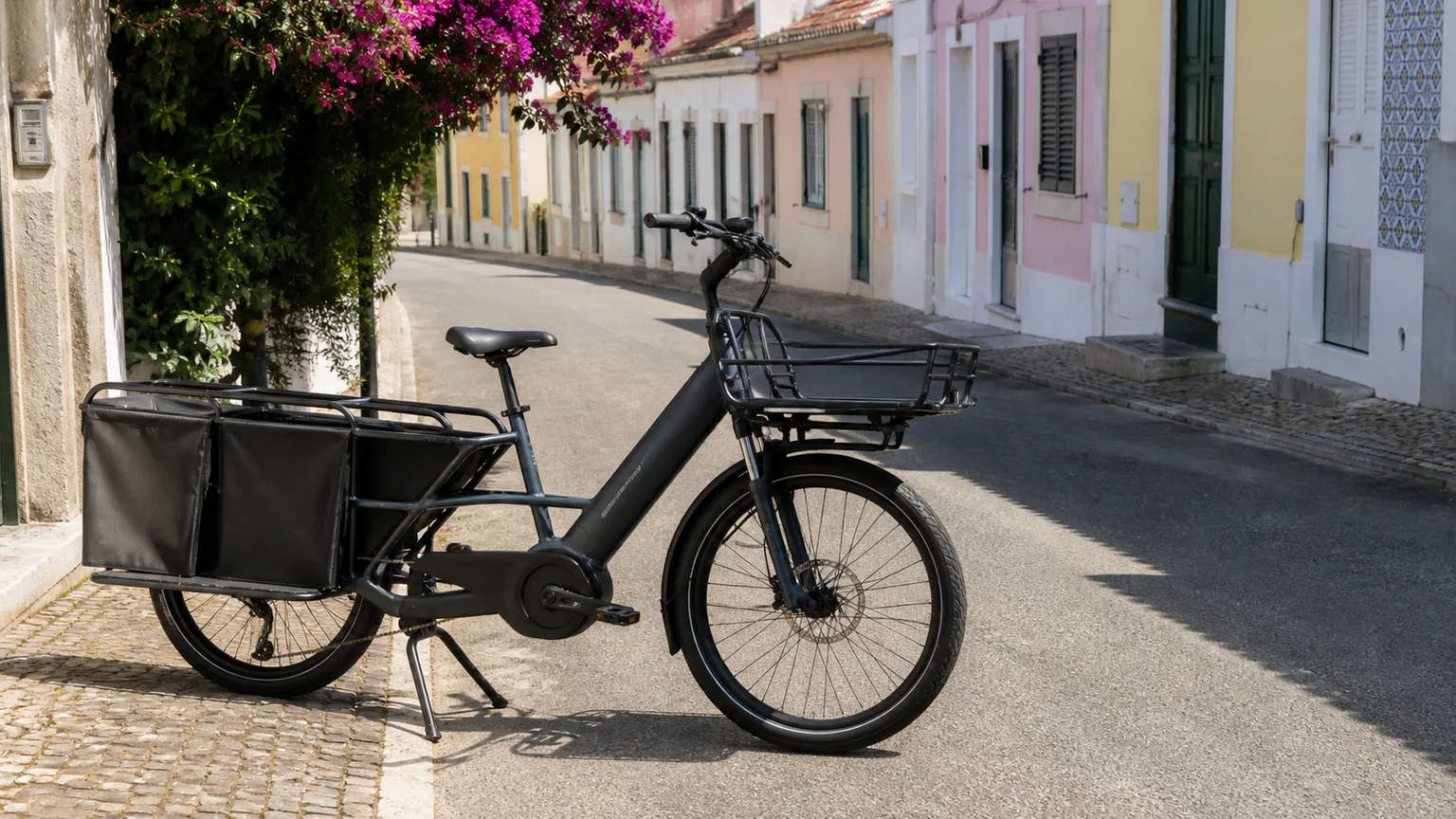 Bicicleta elétrica de carga com alforges numa rua portuguesa
