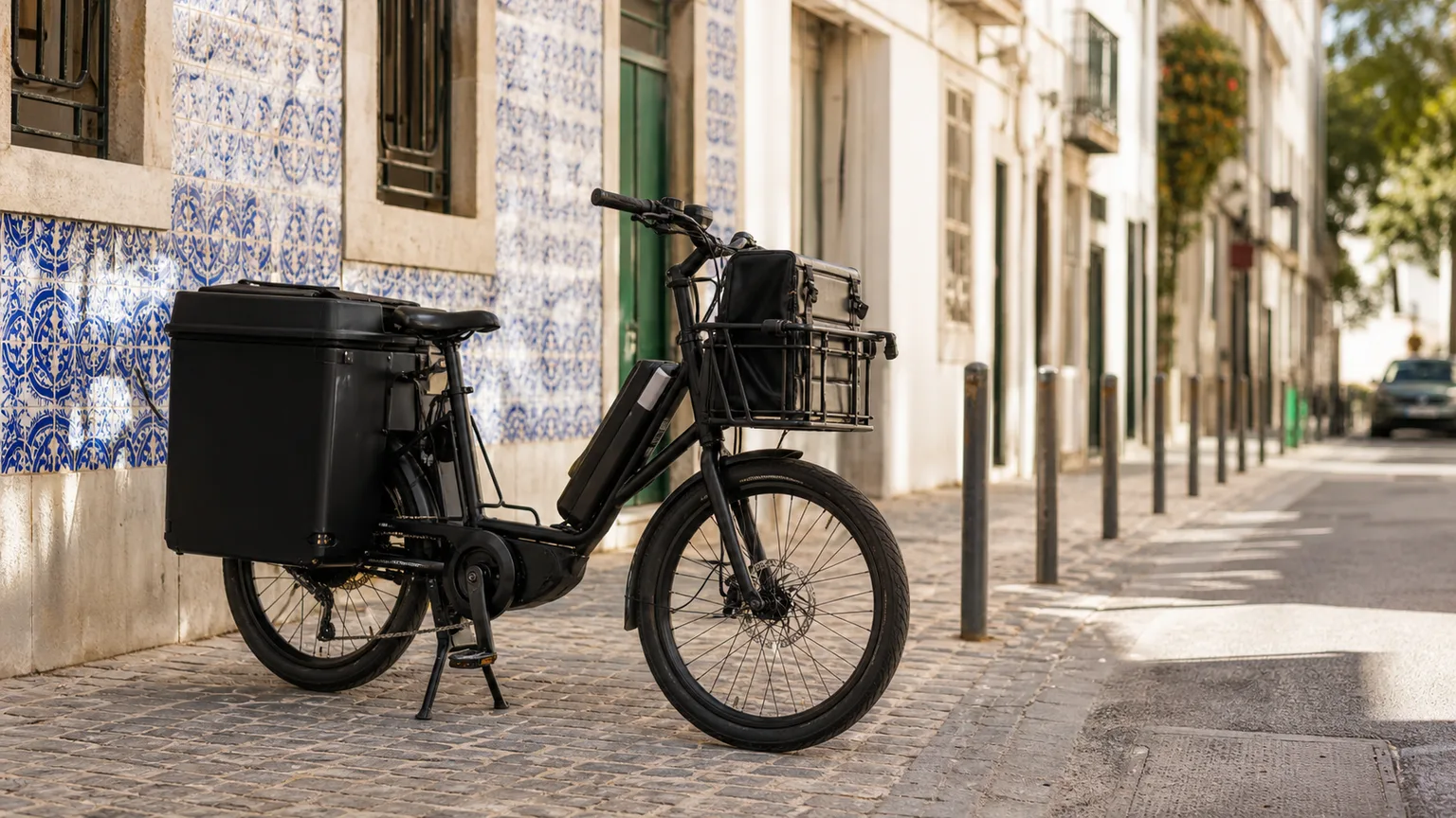 Bicicleta elétrica de carga com alforges numa rua urbana