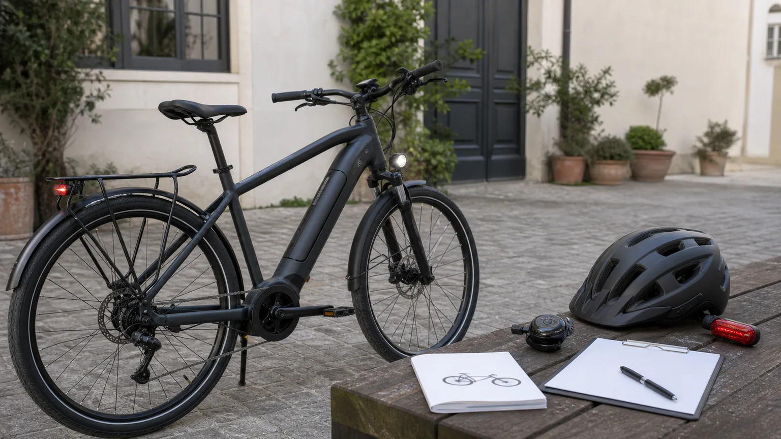 Bicicleta elétrica com capacete, luzes e checklist de verificação