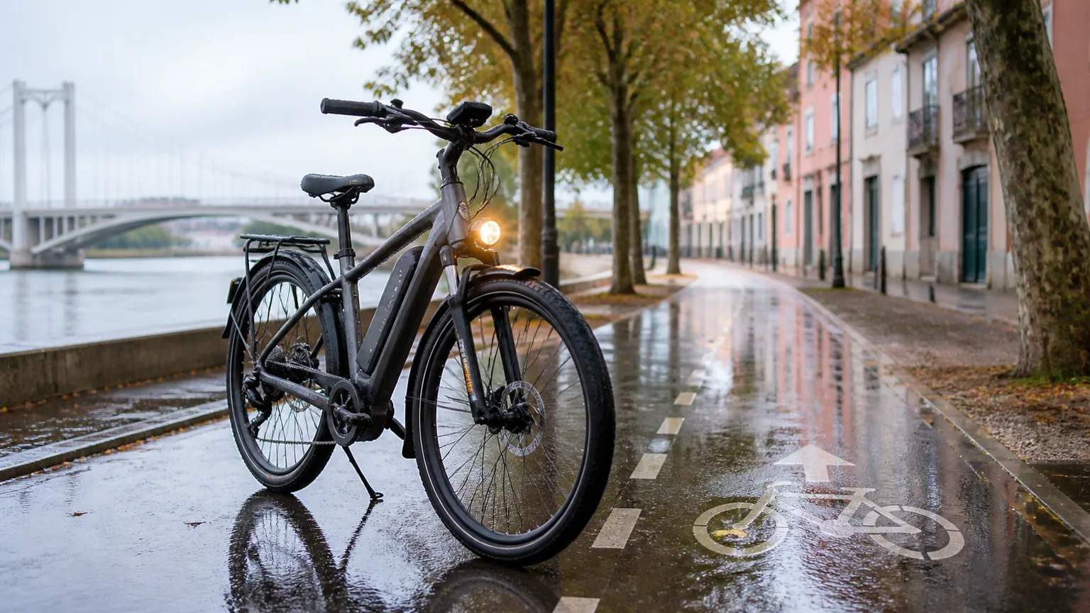 Bicicleta elétrica numa ciclovia molhada depois da chuva