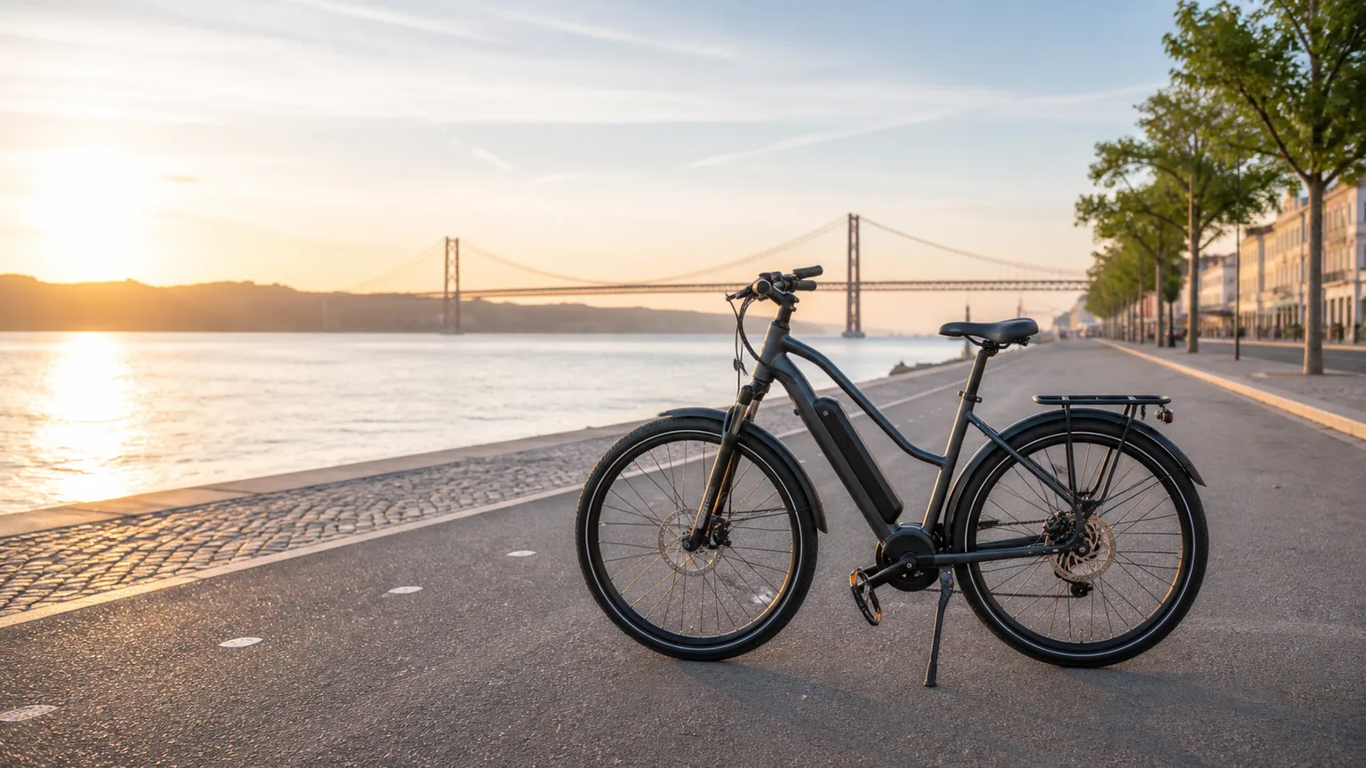 Bicicleta elétrica numa ciclovia junto ao rio em Lisboa