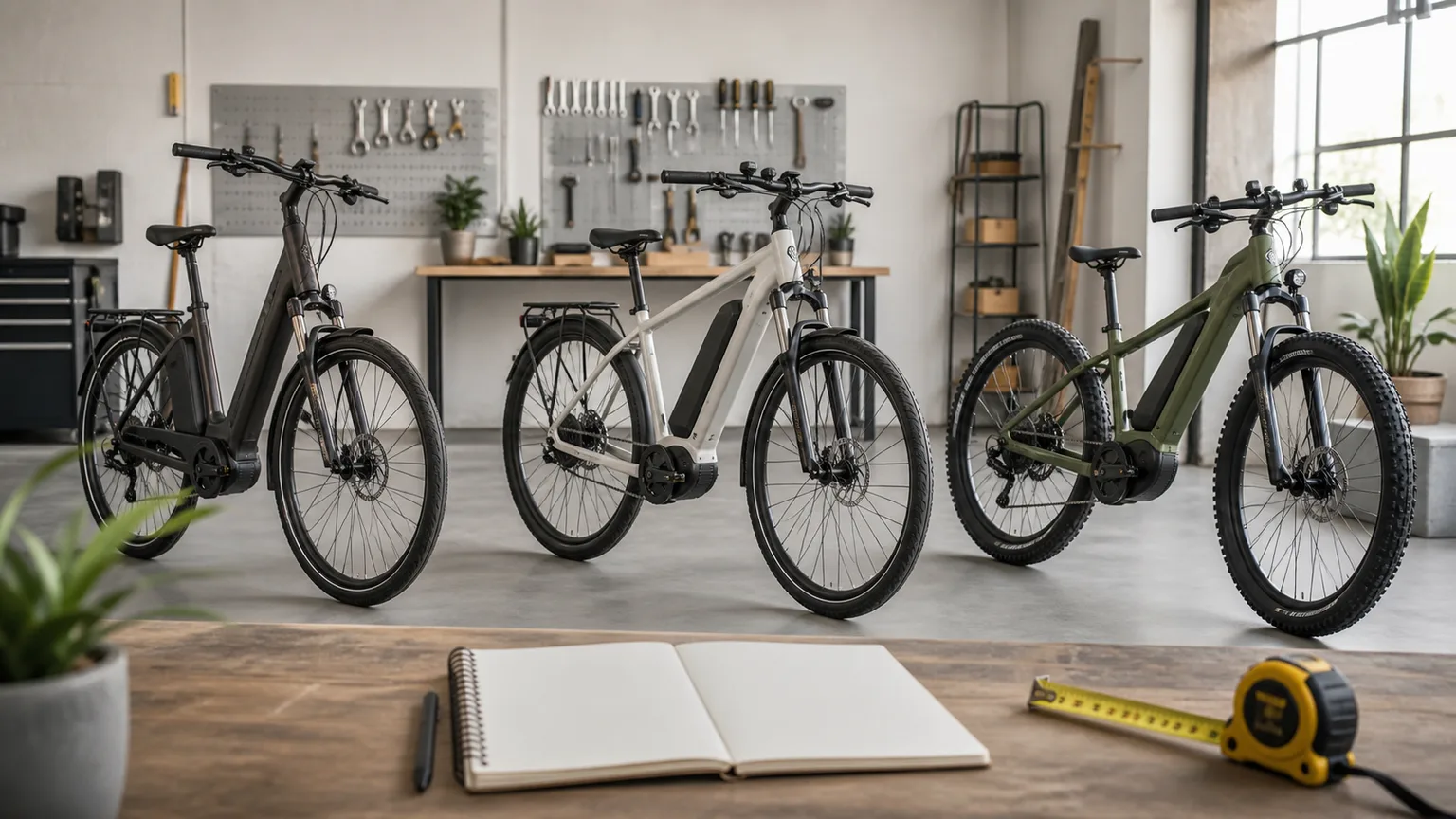 Diferentes bicicletas elétricas genéricas lado a lado numa oficina
