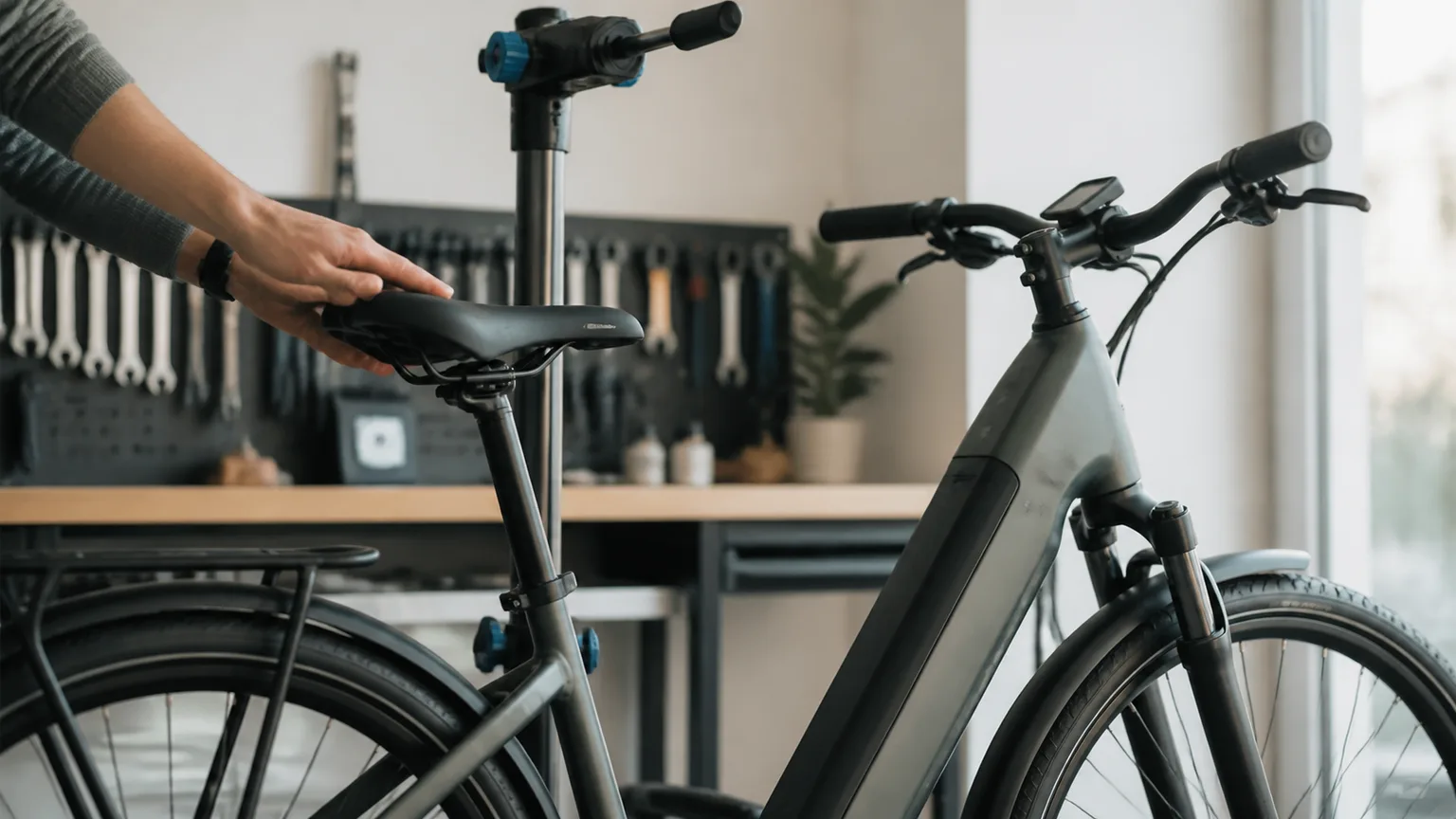 Bicicleta elétrica num suporte de oficina para ajuste de posição