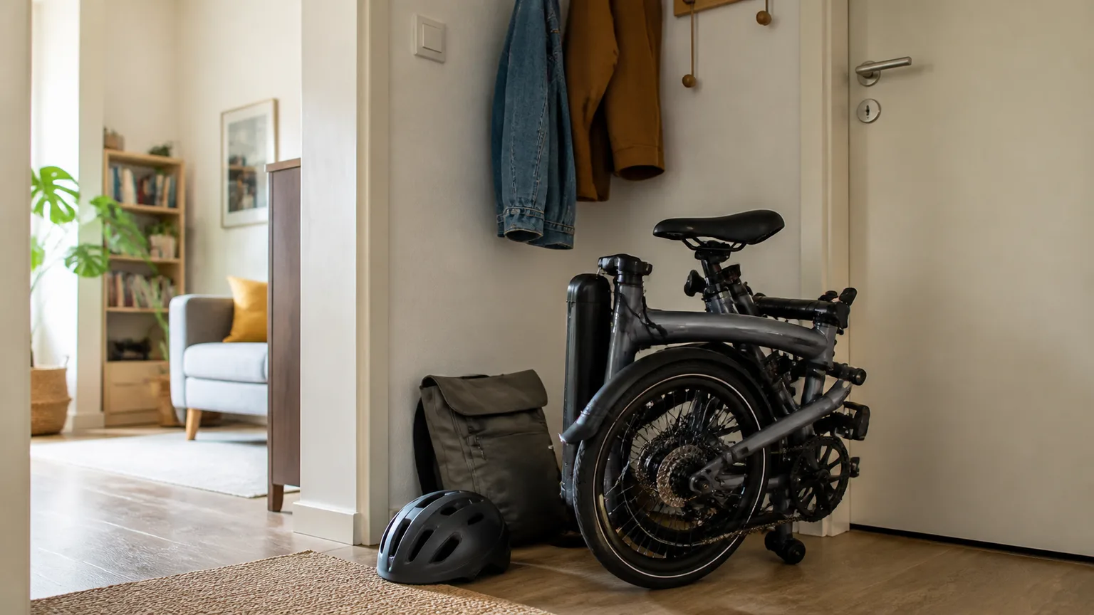Bicicleta elétrica dobrável guardada junto à entrada de um apartamento