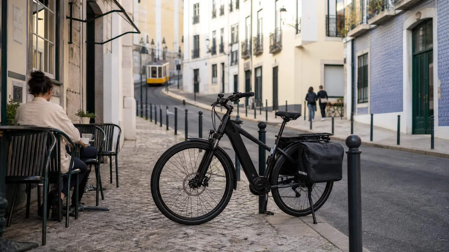 Bicicleta elétrica com alforges preparada para deslocações urbanas