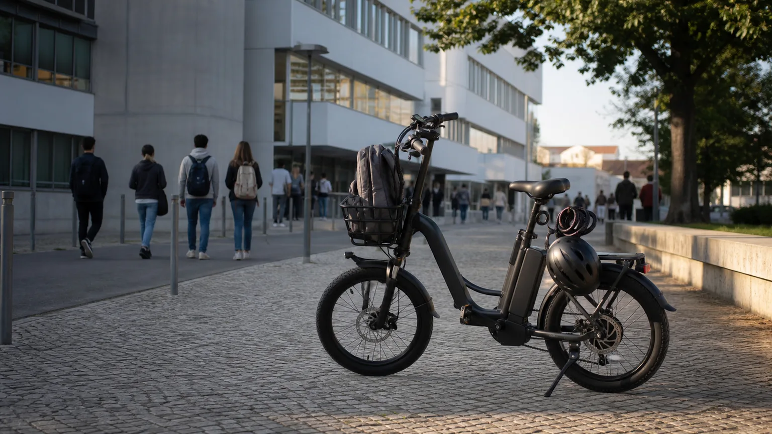 Bicicleta elétrica junto a um campus universitário com mochila