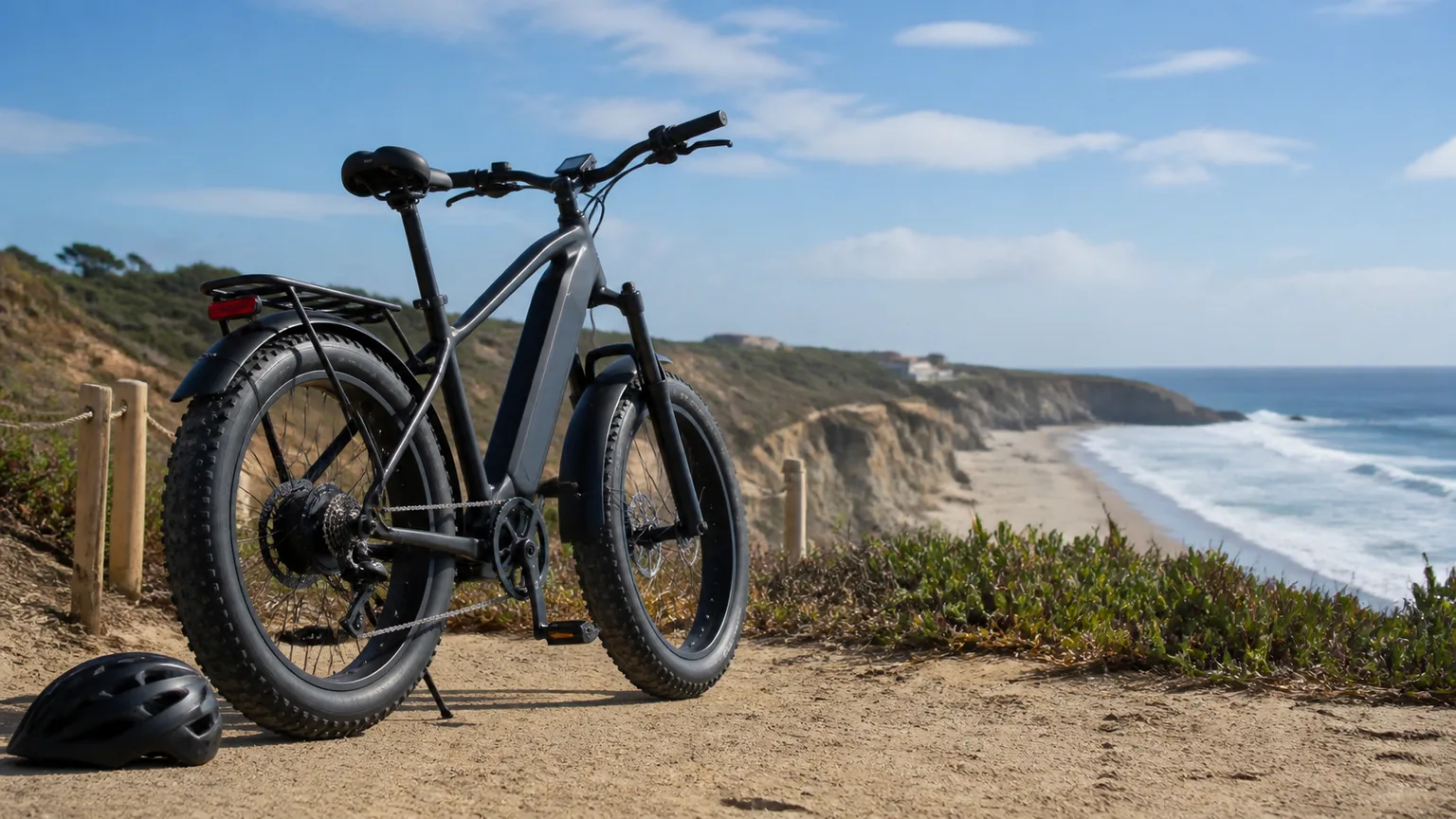 Bicicleta elétrica fat bike com pneus largos junto a um trilho costeiro