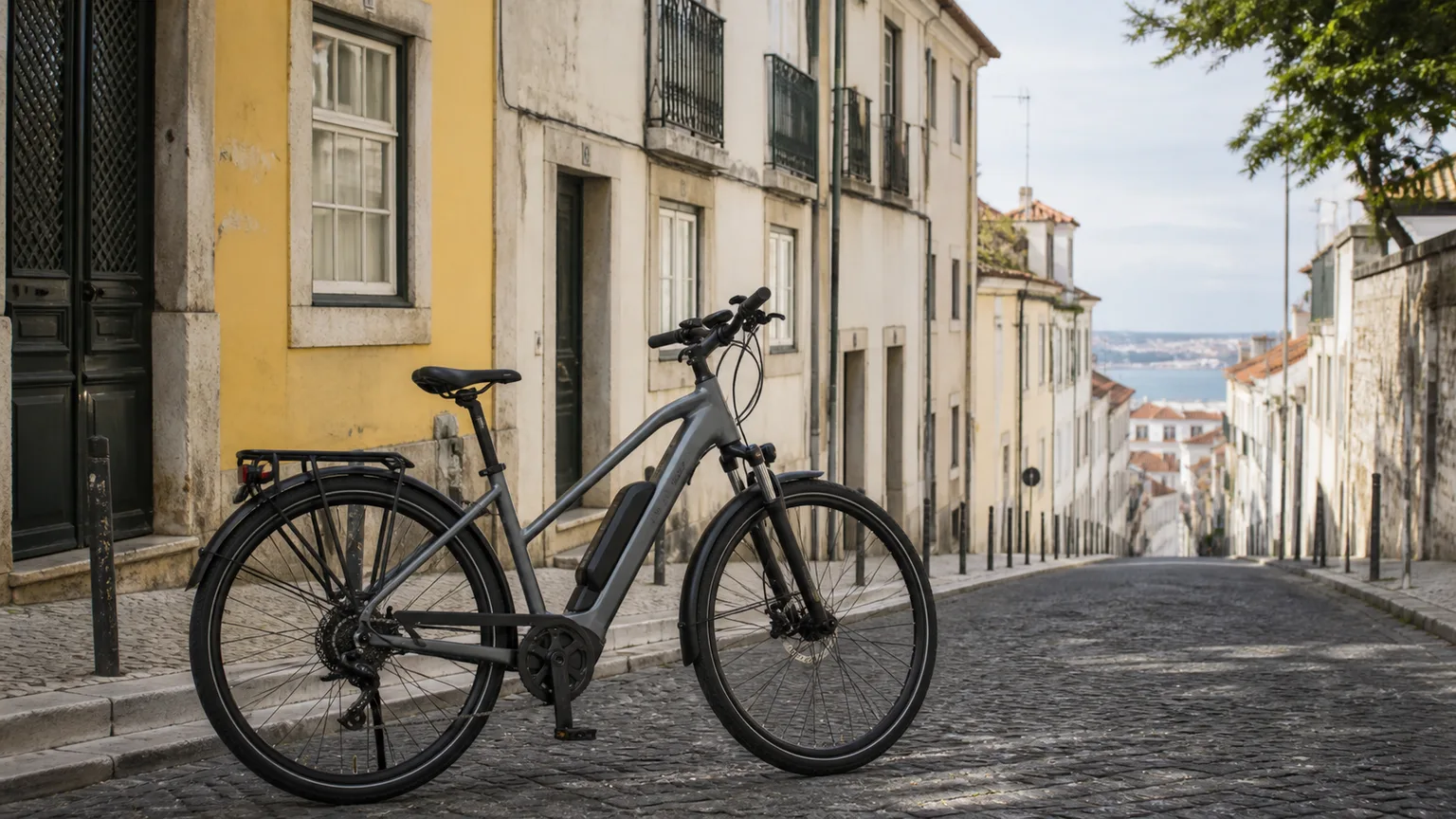 Bicicleta elétrica numa rua inclinada de Lisboa