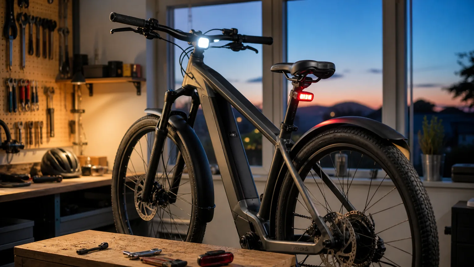 Bicicleta elétrica com luz dianteira e luz traseira numa oficina