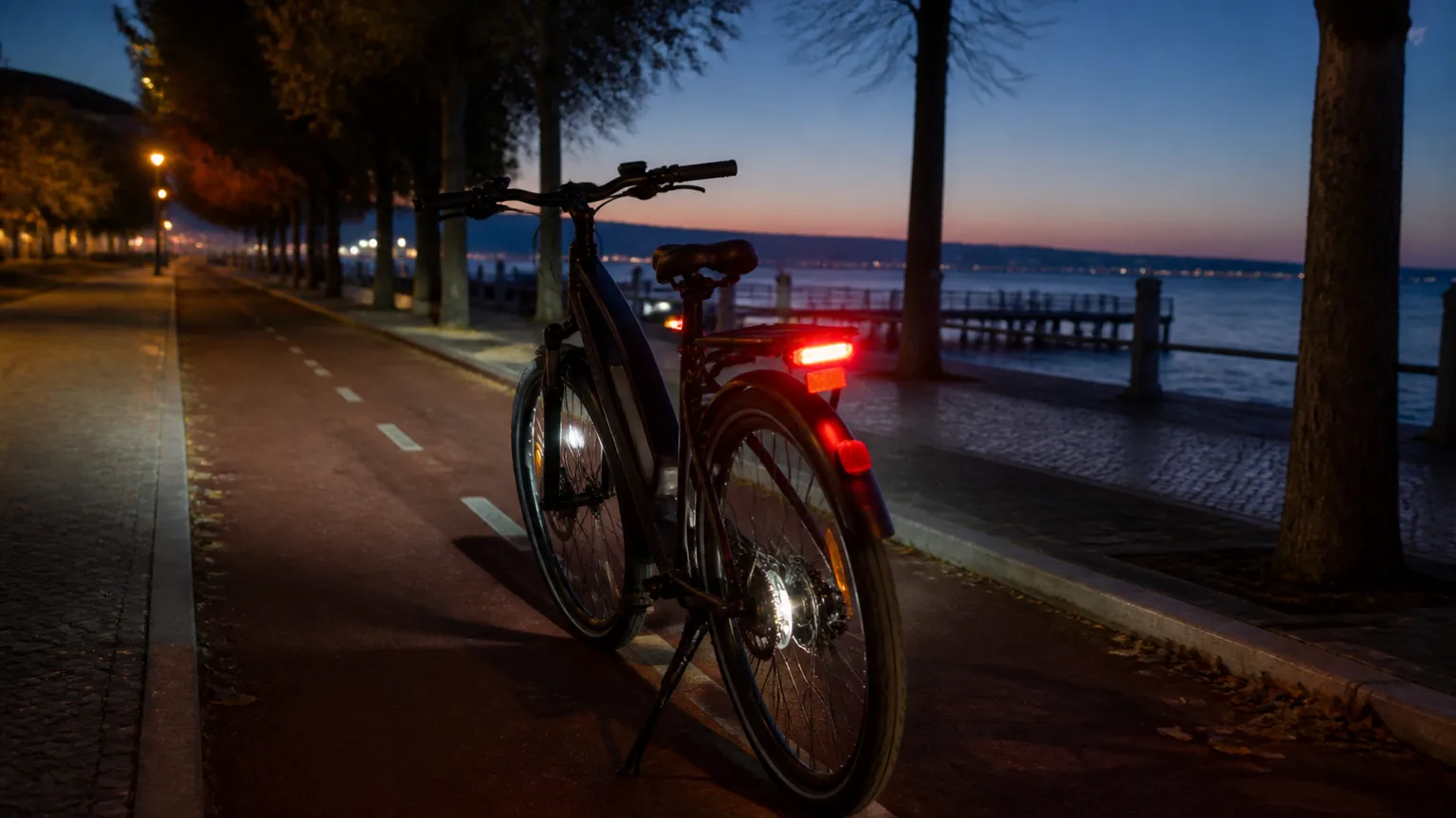 Bicicleta elétrica com luzes e refletores numa ciclovia ao entardecer