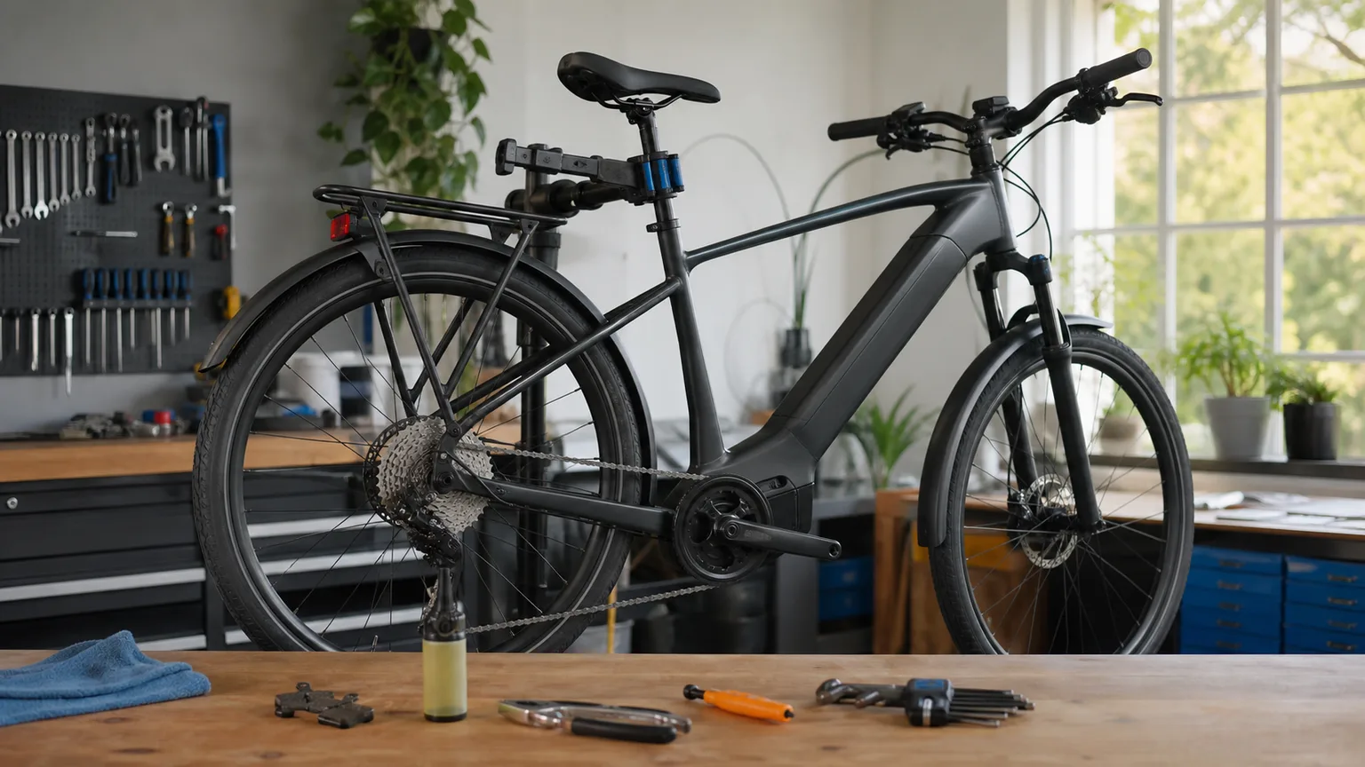 Bicicleta elétrica num suporte de reparação com ferramentas e peças