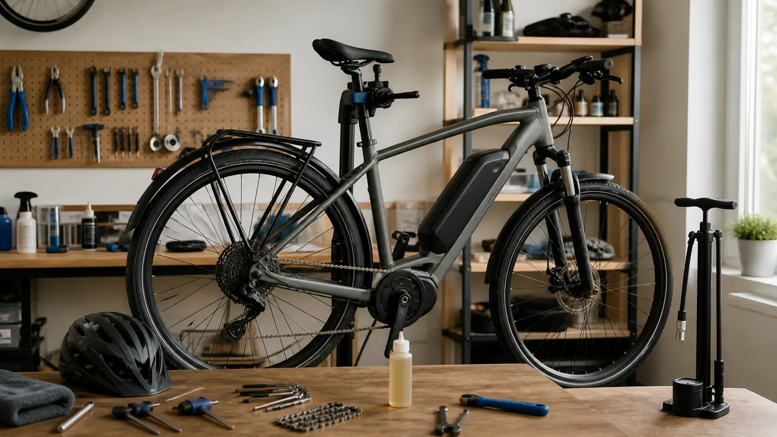 Bicicleta elétrica num suporte de manutenção numa oficina