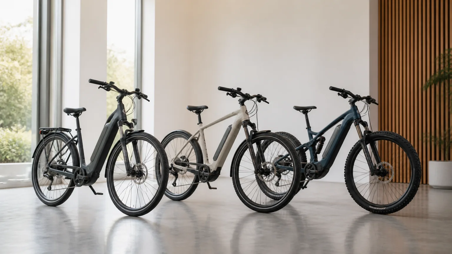 Três bicicletas elétricas genéricas com formatos diferentes numa oficina