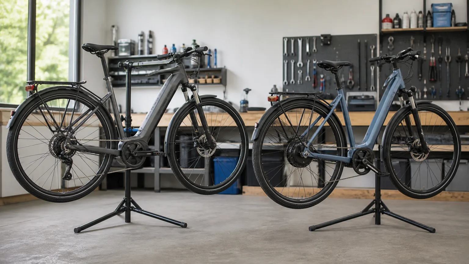 Duas bicicletas elétricas numa oficina para comparar motores