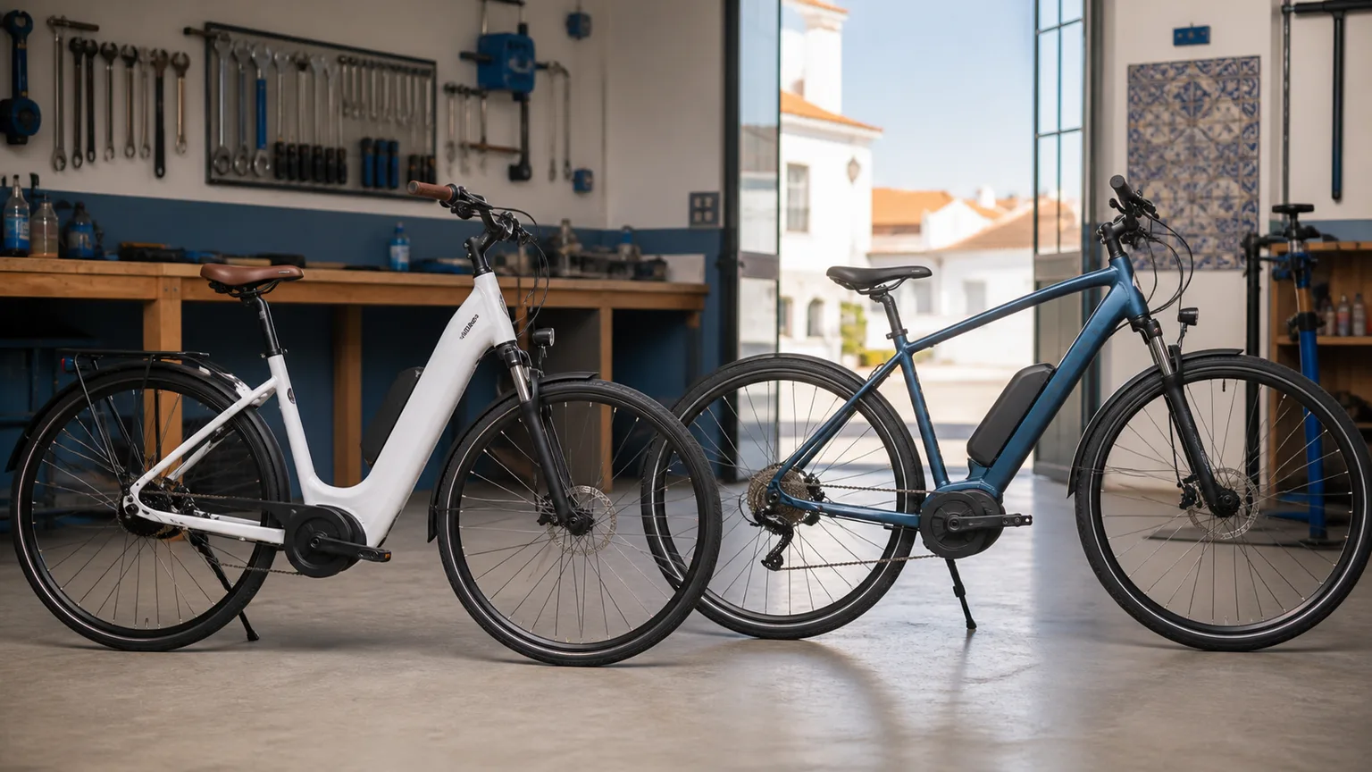 Duas bicicletas elétricas diferentes lado a lado numa oficina
