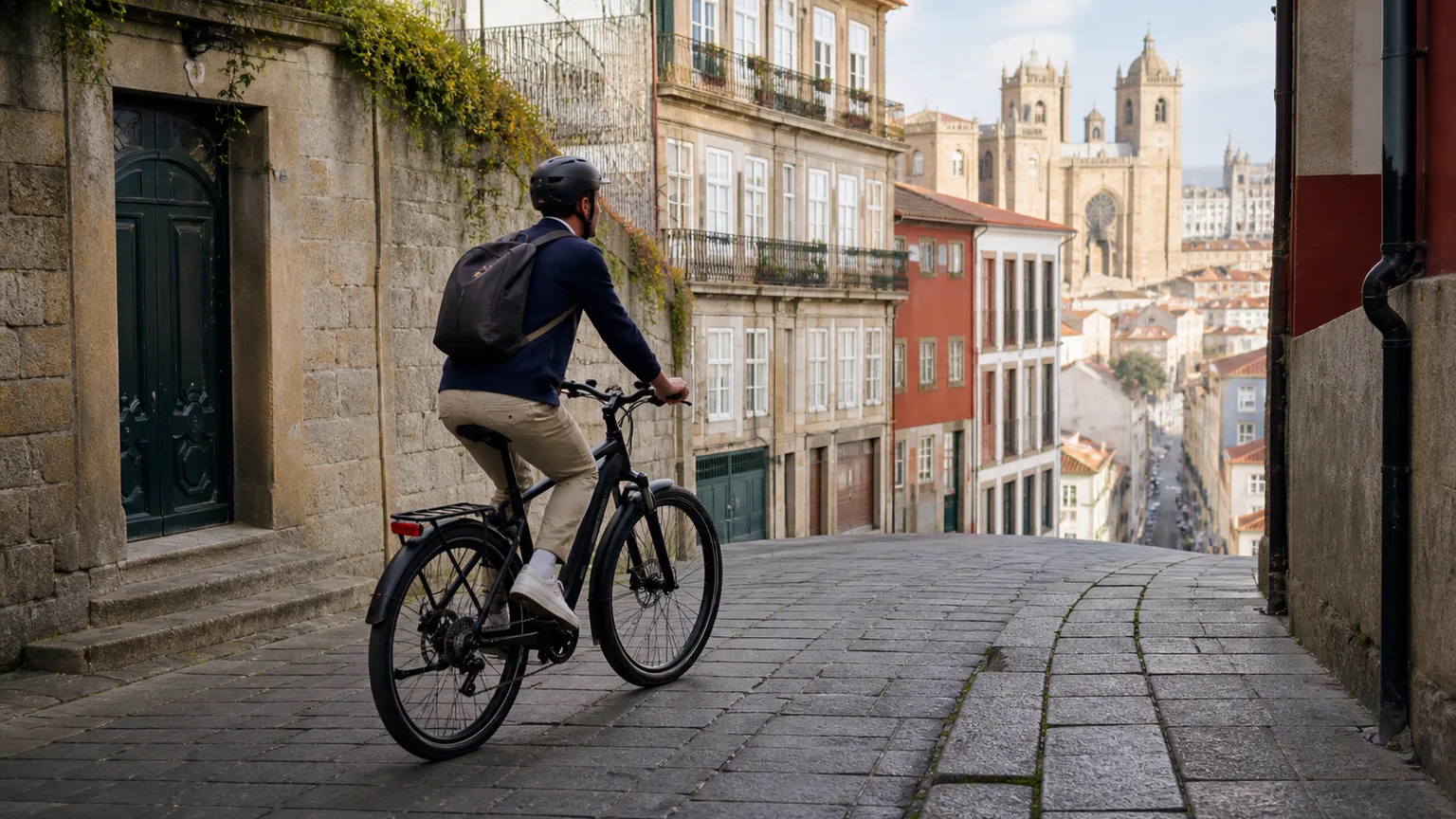 Bicicleta elétrica numa subida urbana do Porto