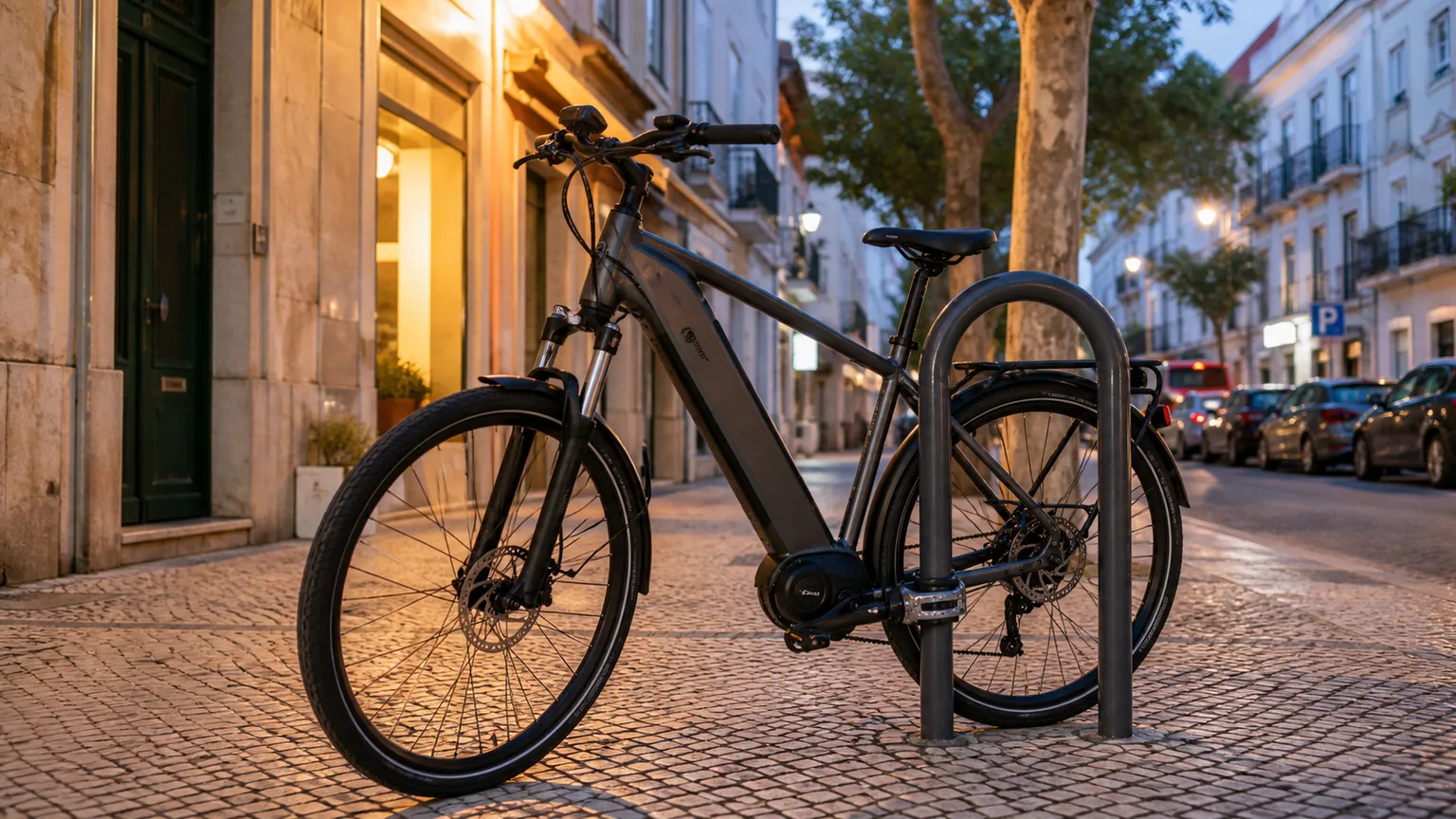 Bicicleta elétrica presa a um suporte fixo com um cadeado
