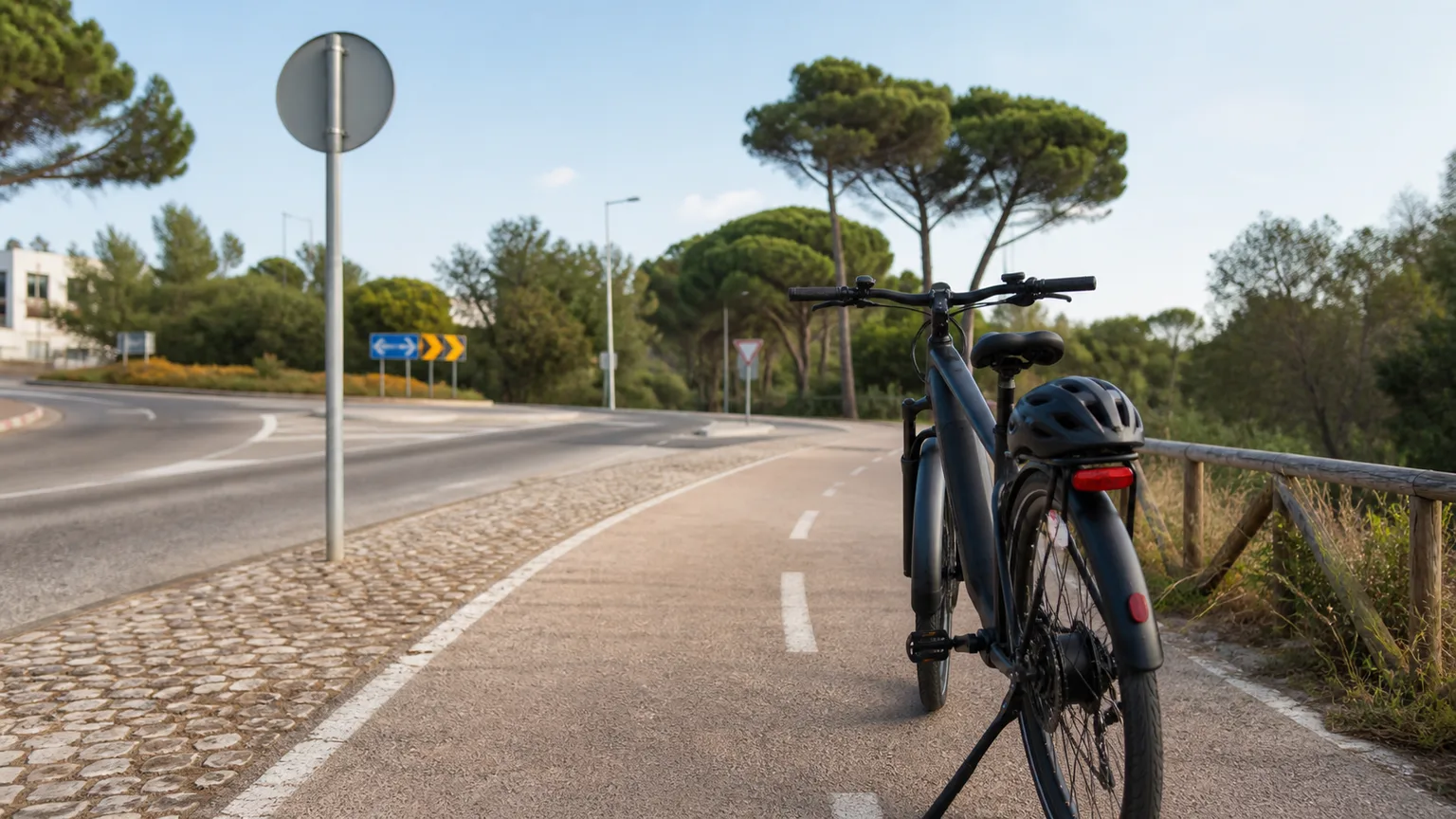 Bicicleta elétrica parada junto a uma ciclovia e estrada