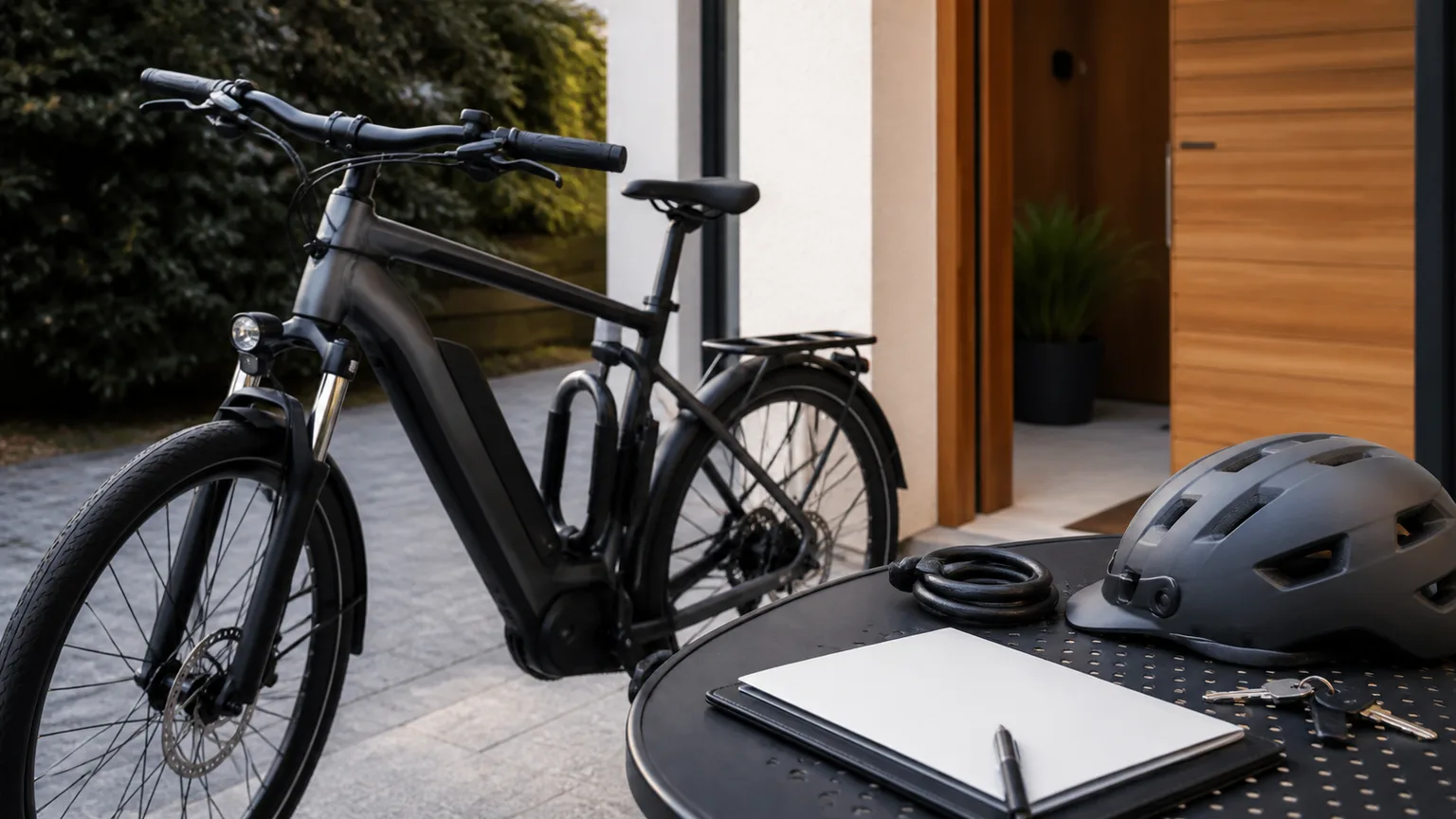 Bicicleta elétrica junto a documentos e acessórios de proteção