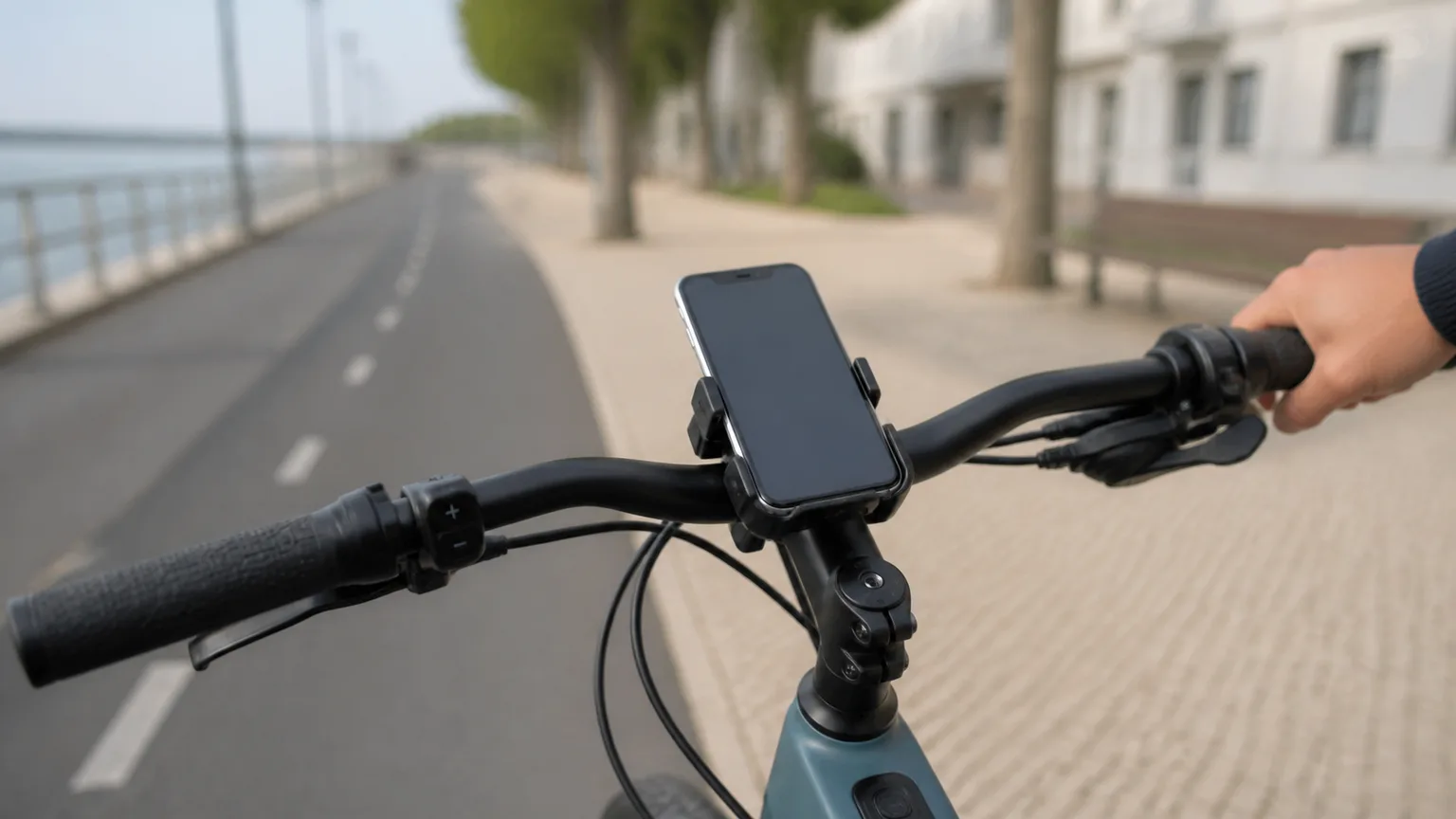 Guiador de bicicleta elétrica com suporte simples para telemóvel