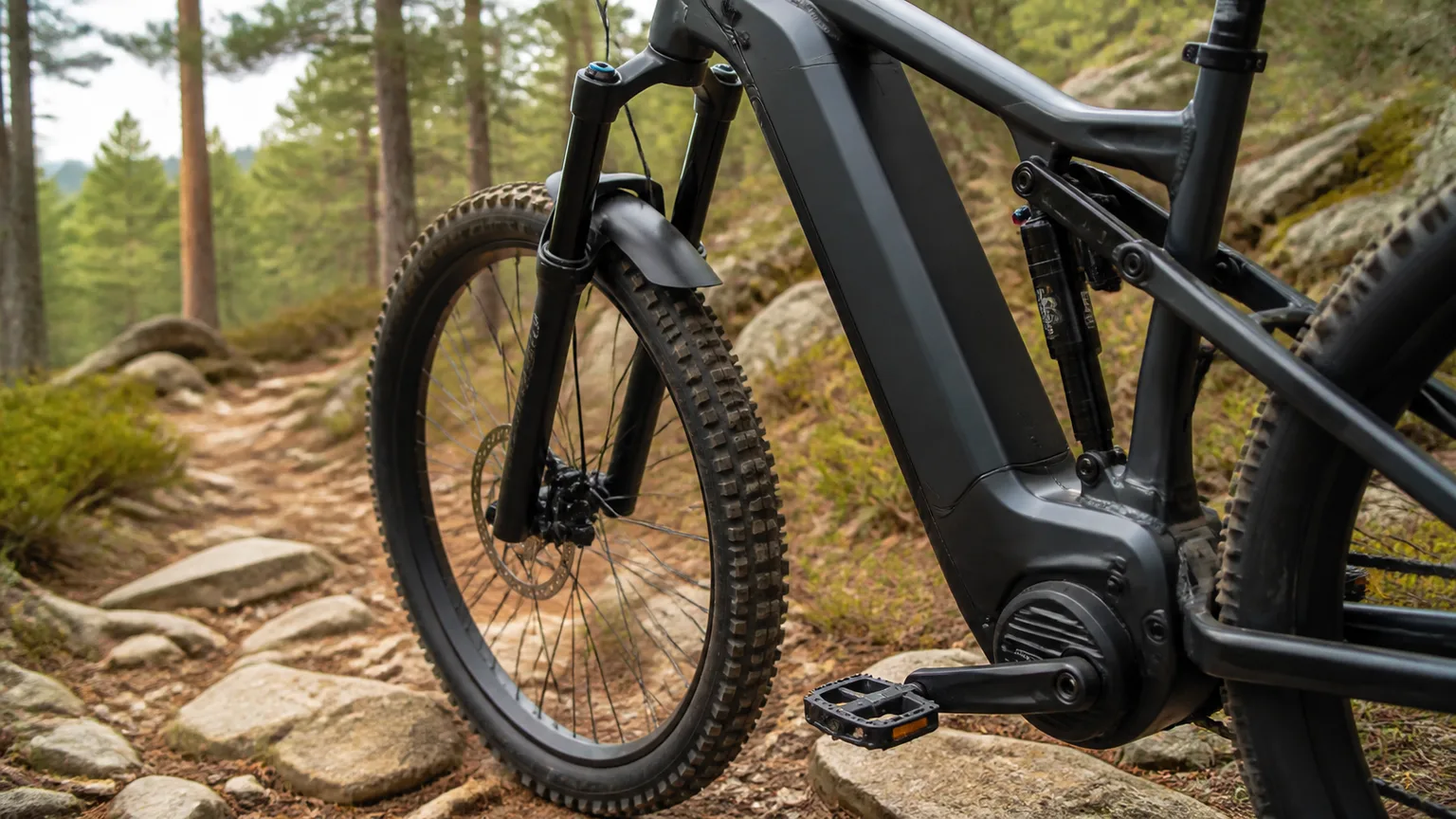 Bicicleta elétrica de montanha num trilho técnico florestal