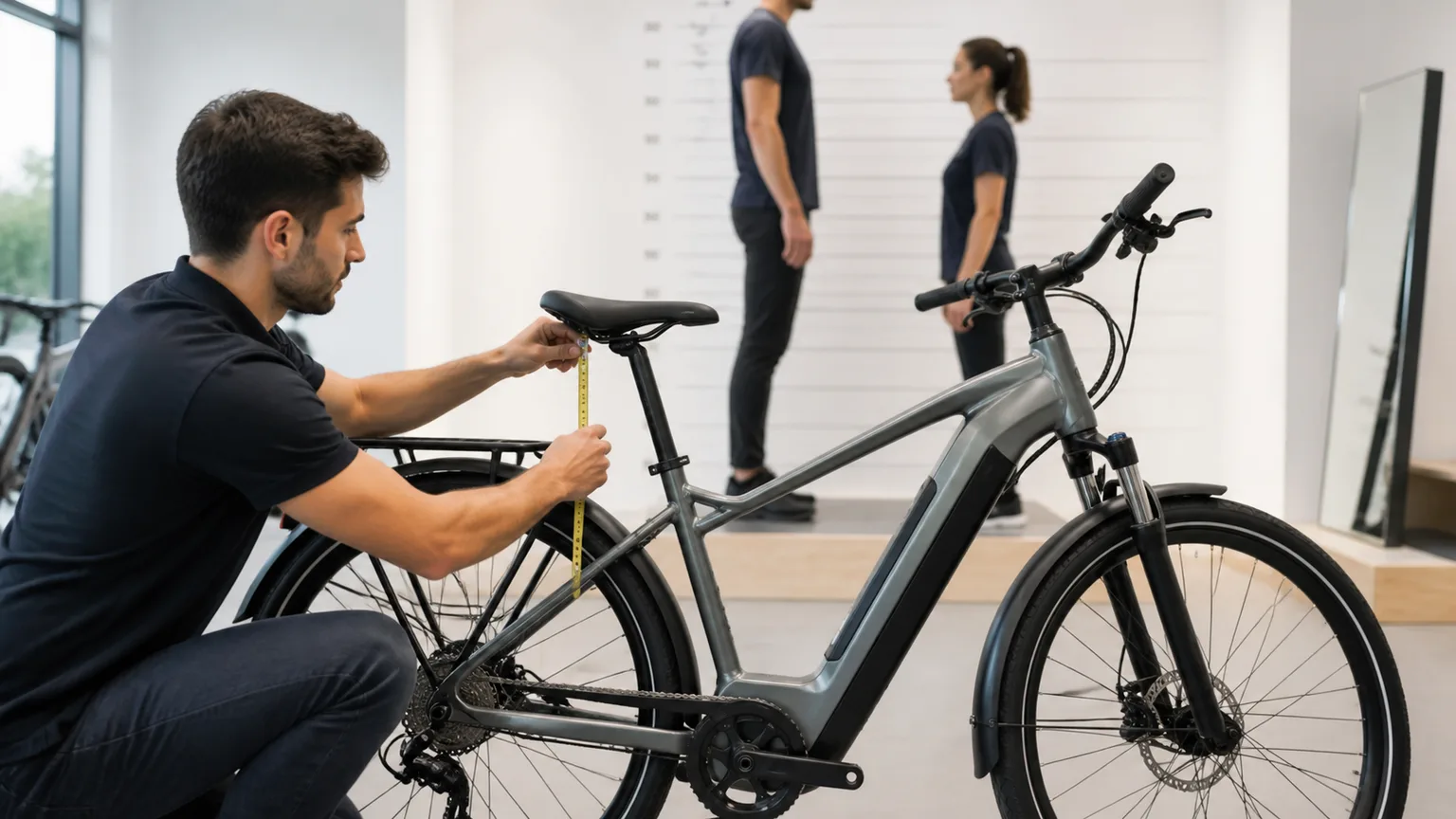 Bicicleta elétrica num espaço de ajuste de tamanho e posição