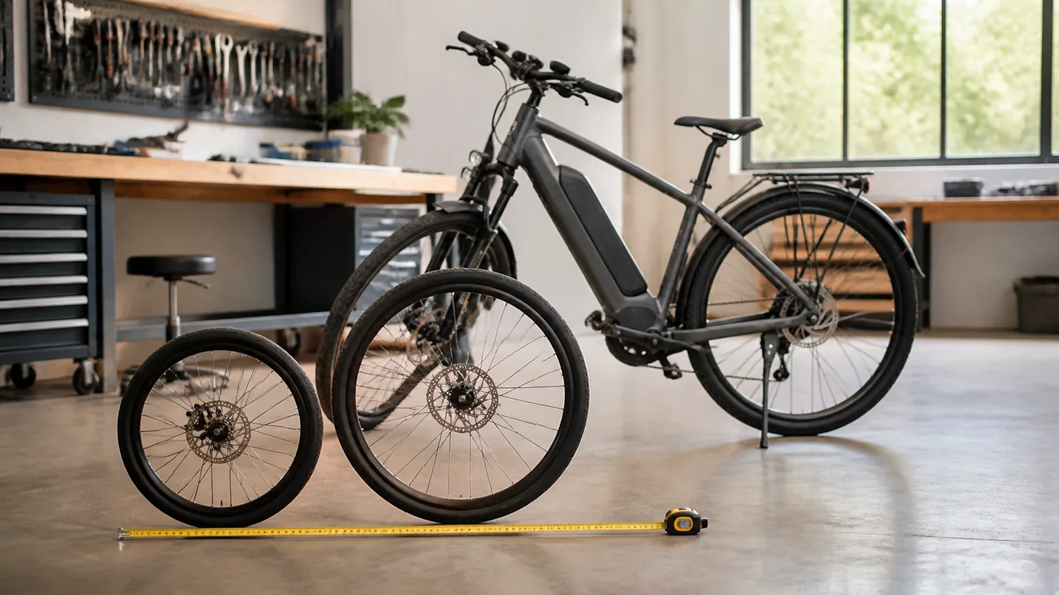 Duas rodas de bicicleta e uma fita métrica numa oficina