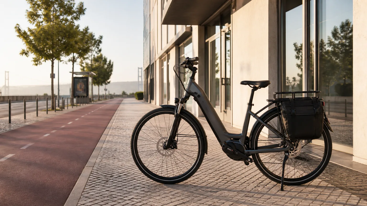 Bicicleta elétrica com bagageira junto a uma ciclovia urbana