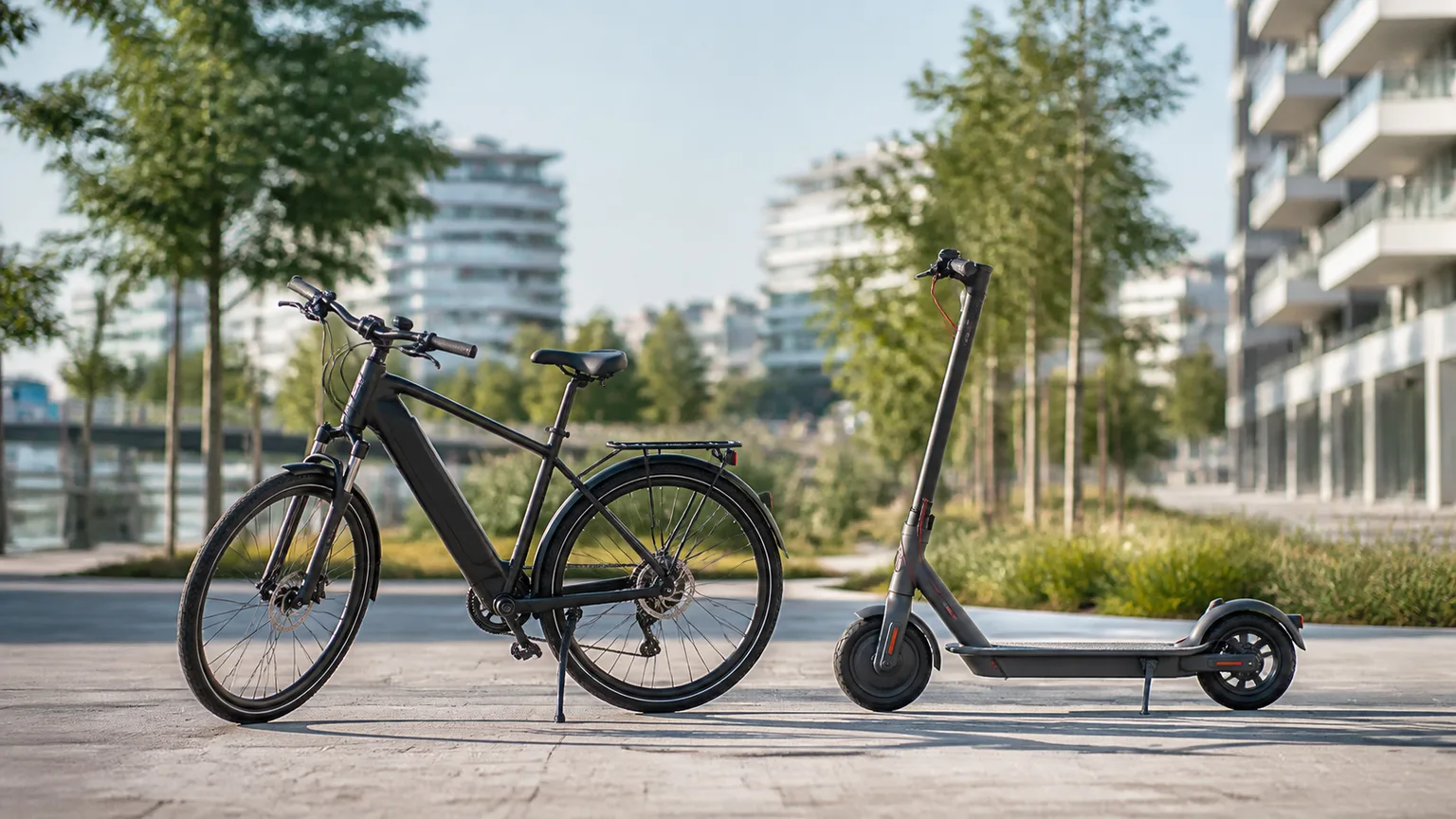 Bicicleta elétrica e trotinete elétrica lado a lado numa zona urbana