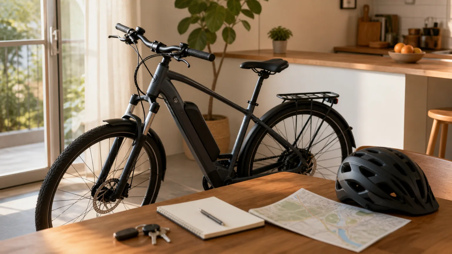 Bicicleta elétrica junto a um caderno de decisão de compra