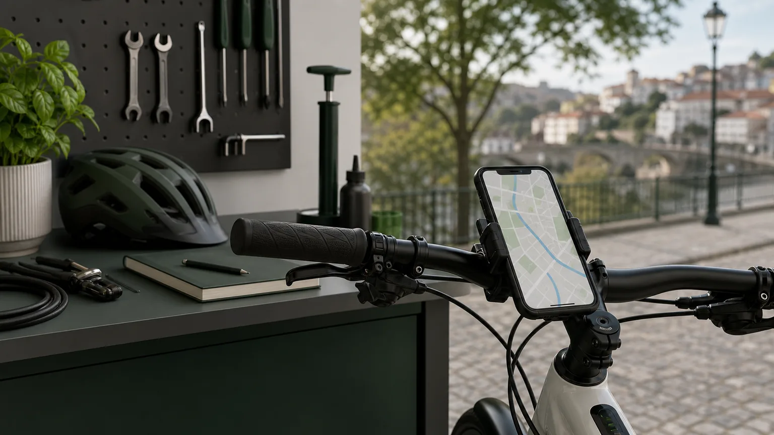 Suporte de telemóvel montado no guiador de uma bicicleta elétrica genérica