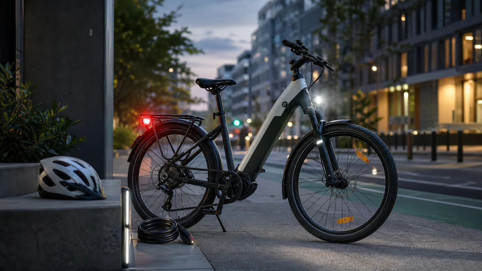 Bicicleta elétrica genérica com luzes ligadas em ambiente urbano