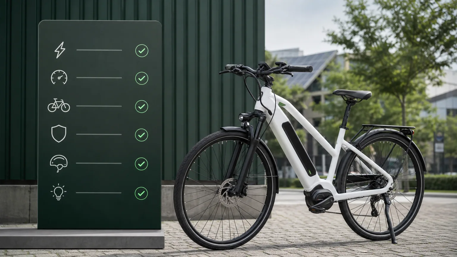 Bicicleta elétrica junto a uma checklist editorial sobre 250 W e 25 km/h