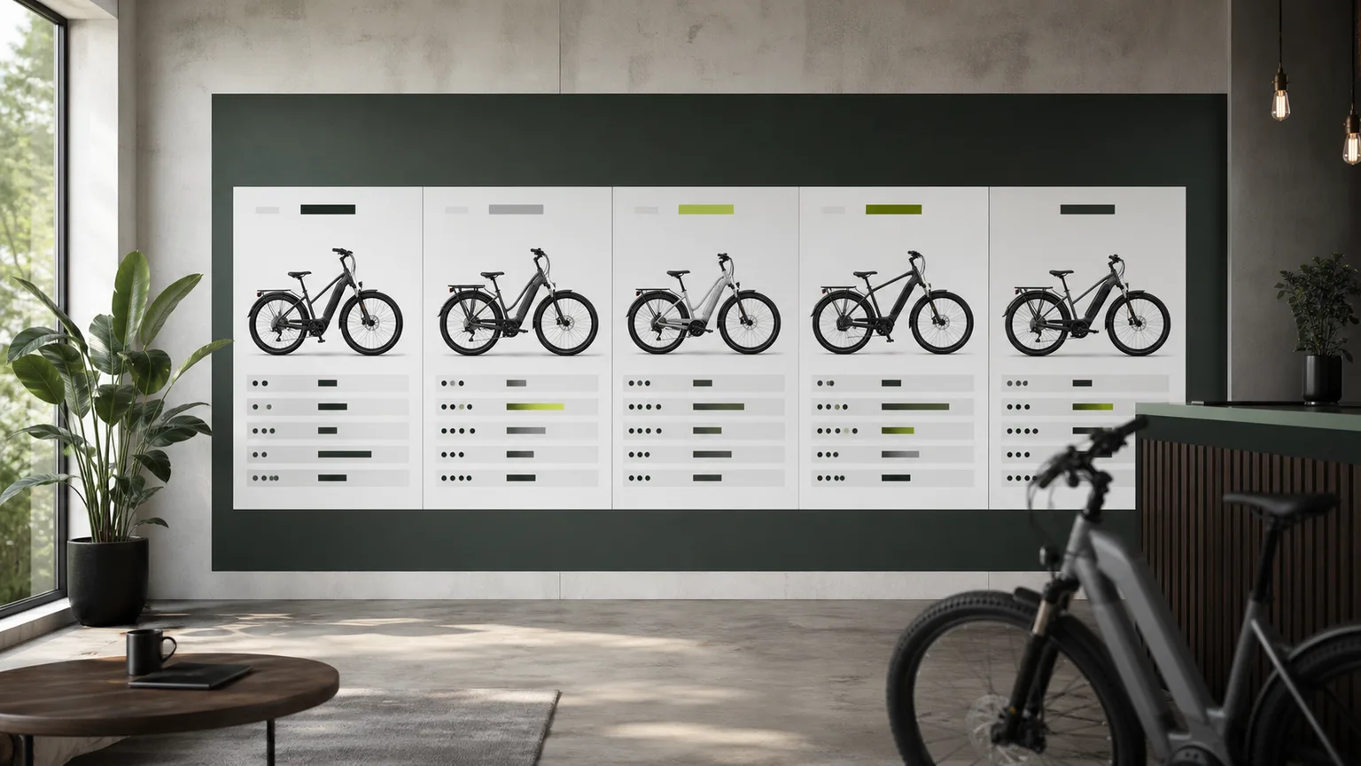 Painel editorial de comparação de marcas de bicicletas elétricas genéricas